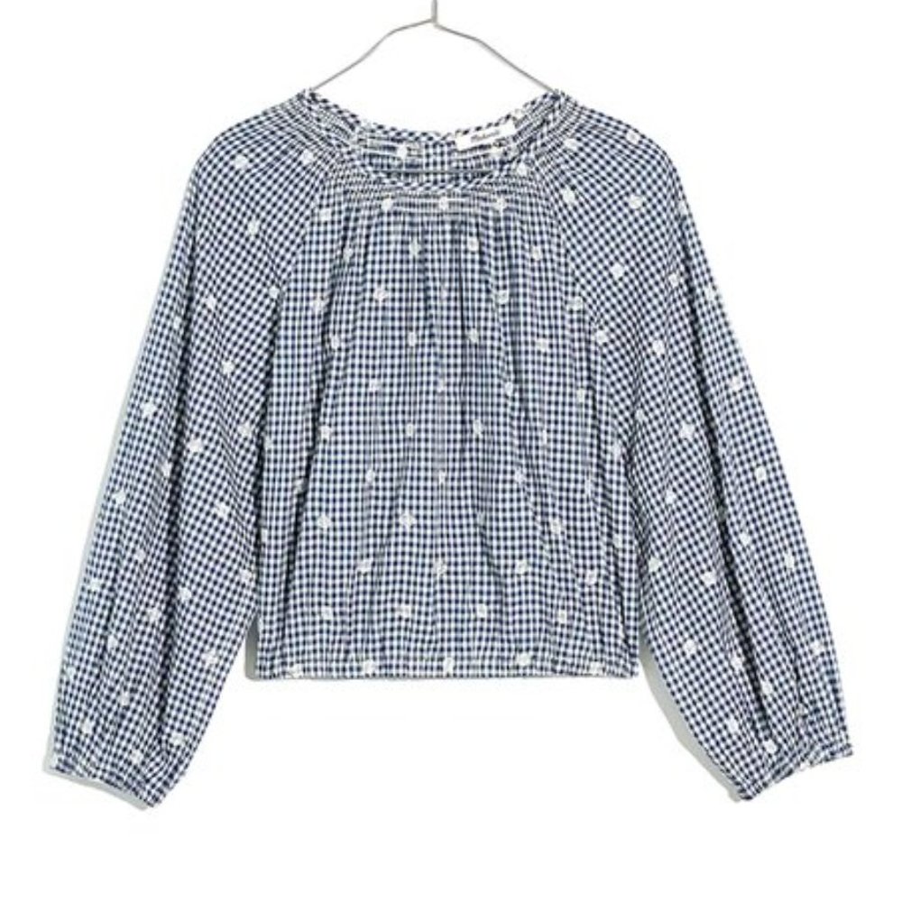 Madewell  Navy Gingham Floral Smocked Shoreline Puff-Sleeve Crop Top